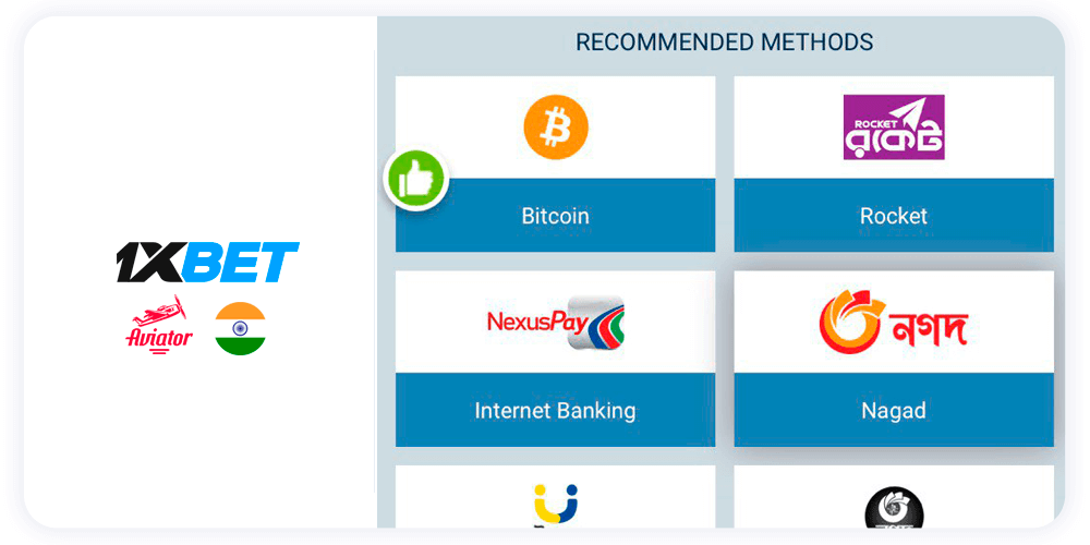 List with 1xBet Aviator game Payment Options